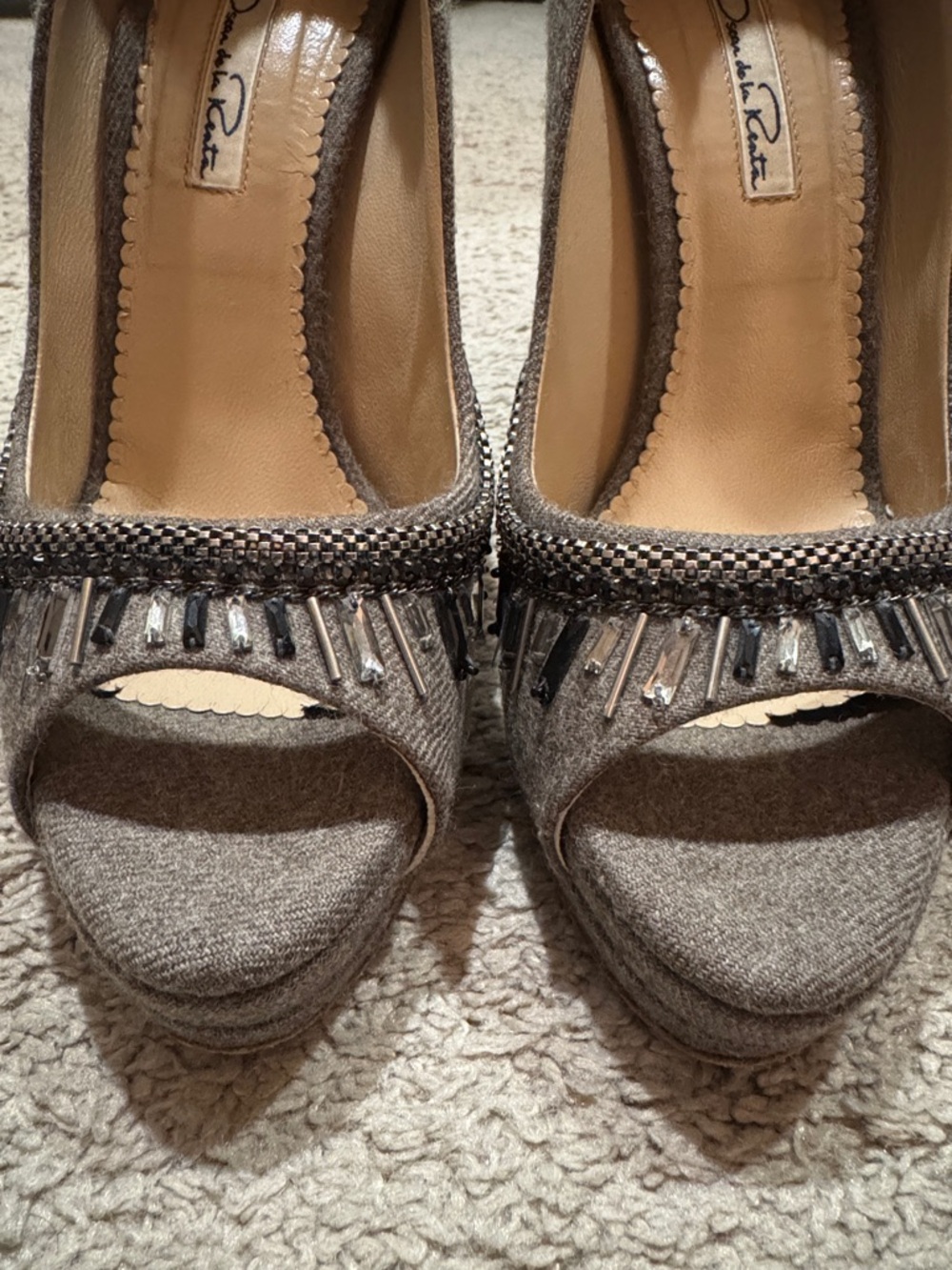 Oscar de la Renta Gray Embellished Peep-Toe Pumps - Picture 3 of 11